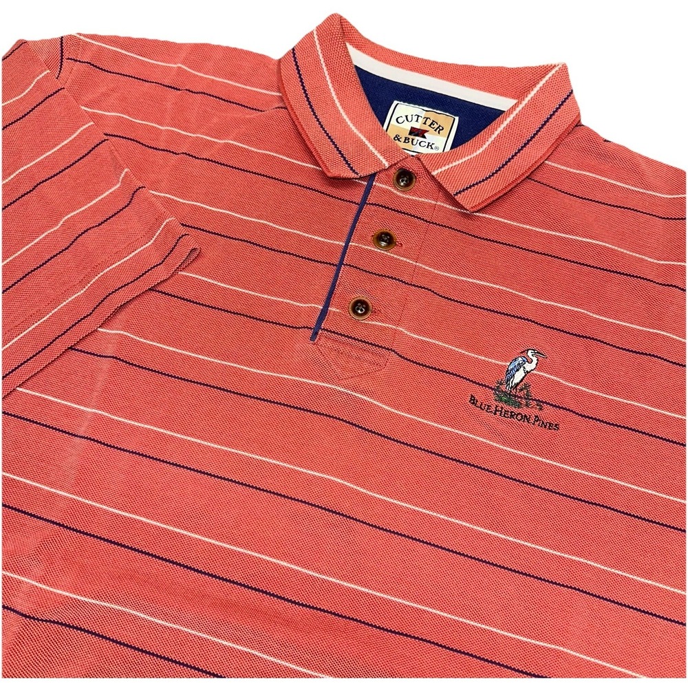 Vintage Cutter & Buck Salmon Striped Blue Heron Pines Golf Polo Logo Men's XL